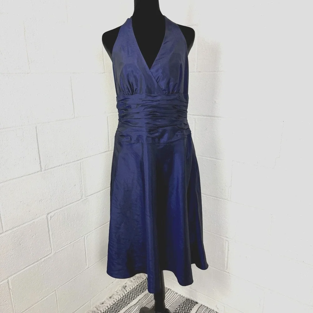 Jones NY Dress Babydoll Ruched Purple Satin Tie Halter Neck Y2K Glam Cocktail 12